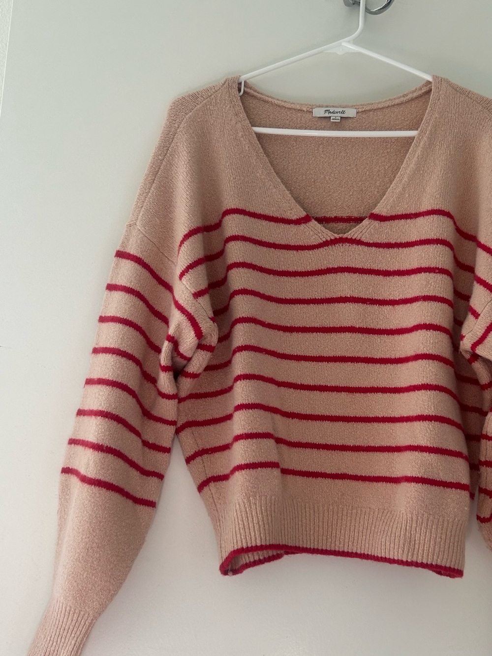 Madewell Blush V-Neck Sweater with Red Stripes